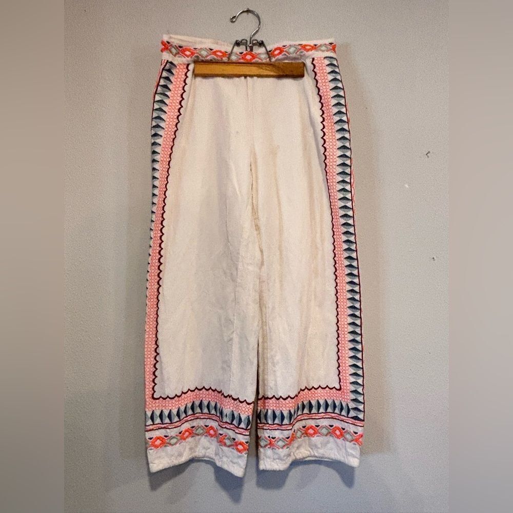 Anthropologie Cream Wide-Leg Cropped Pants with Coral and Teal Trim